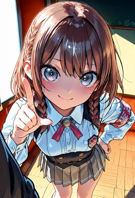 Little Girl with High Pressure Discipline Chairman，((from ↑:1.2)),(((Chairman of the Discipline Committee's armband)))，About 150 centimeters,charismatic presence, Tall Boys Surrounding Her Surrounding Her Surrounding Area,Pointing and Instructing,4K High R...