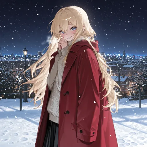 Blonde、Sharp Eyes、cool、1 girl、Highest Quality、high image quality、super detailed、blue eyes、high school students、petite physique、Long Coat、Muffler、sweater、wool long skirt、winter、in the snow、City lights、Outlook、night、Smile Yan、moment of looking back、Red cheek...
