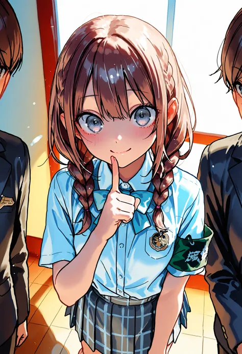 Little Girl with High Pressure Discipline Chairman，((from ↑:1.2)),(((Chairman of the Discipline Committee's armband)))，About 150 centimeters,charismatic presence, Tall Boys Surrounding Her Surrounding Her Surrounding Area,Pointing and Instructing,4K High R...