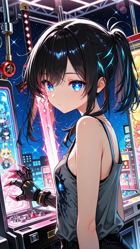 Lens flare,Lens flare風,colorful,(masterpiece, Highest Quality),Beautiful Women, upper body, unkempt hair, ((starry_eye)),small breasts,Staring at the sword, Awe, dark haired, LONG HAIR, blue eye, print tank top, gray tank top, black shorts, staring at the ...