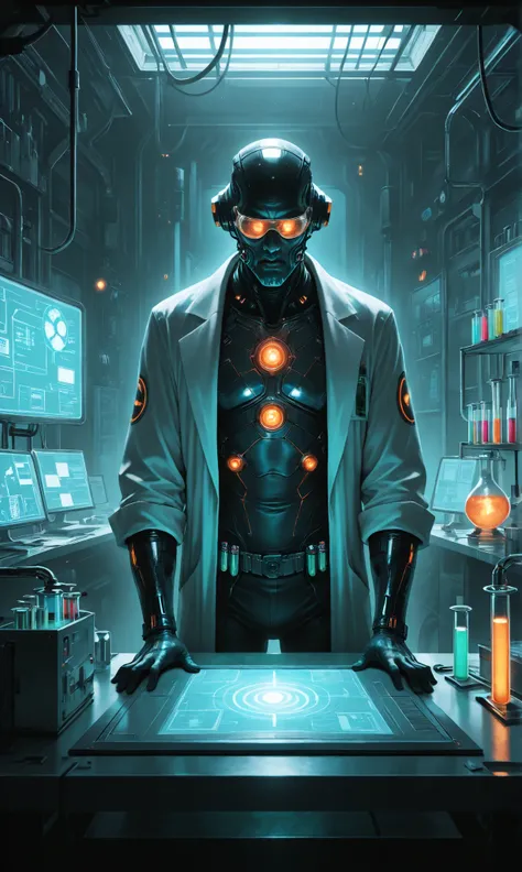masterpiece, absurdres, realistic, best quality, amazing quality, very aesthetic, ultra-detailed, highly detailed, arafed man in lab coat standing in front of a table with multiple test tubes, in a darkly lit laboratory room, in futuristic laboratory room,...