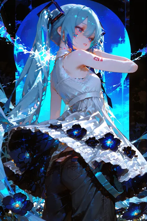 1girl, solo, LONG HAIR, Hatsune Miku, twin tails, very LONG HAIR, dress, blue hair, buttocks under pants, full body, Blue Eyes, Magical, watching viewers, hair ornaments, sleeveless, black buttocks under pants, multicolor hair, Facial markings, sleeveless ...