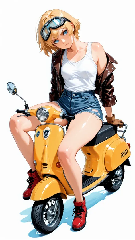 masterpiece, Highest Quality, great quality, Newest, very aesthetic, absurd, masterwork, 1 woman, solo, tilt your neck, freckles, watching viewers, serious, detailed eyes, Blue Eyes, blond hair, short hair, Goggles, buttocks under pants, leather jacket, Wh...