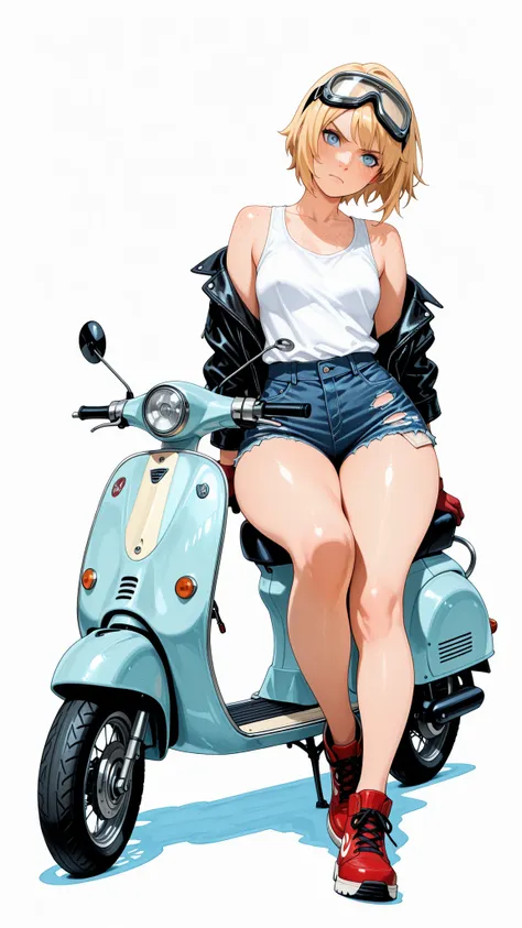 masterpiece, Highest Quality, great quality, Newest, very aesthetic, absurd, masterwork, 1 woman, solo, tilt your neck, freckles, watching viewers, serious, detailed eyes, Blue Eyes, blond hair, short hair, Goggles, buttocks under pants, leather jacket, Wh...