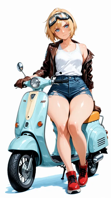 masterpiece, Highest Quality, great quality, Newest, very aesthetic, absurd, masterwork, 1 woman, solo, tilt your neck, freckles, watching viewers, serious, detailed eyes, Blue Eyes, blond hair, short hair, Goggles, buttocks under pants, leather jacket, Wh...