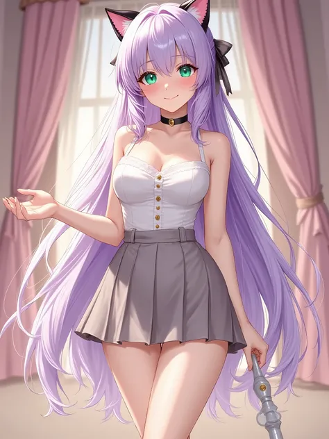 1 girl、Smile Yan、high definition、small nose、makeup、Long Lashes、skinny、facing front、medium chest、(last-minute miniskirt:1.1)、black high heels、(standing:1.1)、cat ears、purple hair、anime-style blush、camisole、pleated skirt、green eyes、