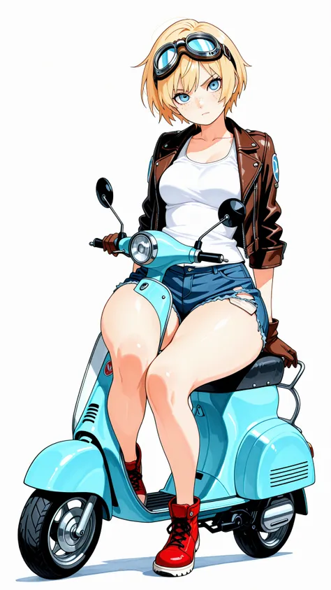 masterpiece, Highest Quality, great quality, Newest, very aesthetic, absurd, masterwork, 1 woman, solo, tilt your neck, freckles, watching viewers, serious, detailed eyes, Blue Eyes, blond hair, short hair, Goggles, buttocks under pants, leather jacket, Wh...