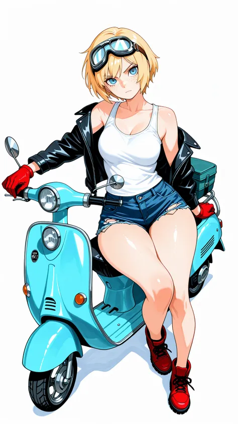 masterpiece, Highest Quality, great quality, Newest, very aesthetic, absurd, masterwork, 1 woman, solo, tilt your neck, freckles, watching viewers, serious, detailed eyes, Blue Eyes, blond hair, short hair, Goggles, buttocks under pants, leather jacket, Wh...