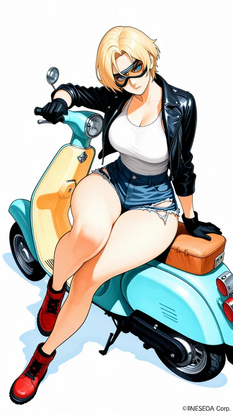 masterpiece, Highest Quality, great quality, Newest, very aesthetic, absurd, masterwork, 1 woman, solo, tilt your neck, freckles, watching viewers, serious, detailed eyes, Blue Eyes, blond hair, short hair, Goggles, buttocks under pants, leather jacket, Wh...