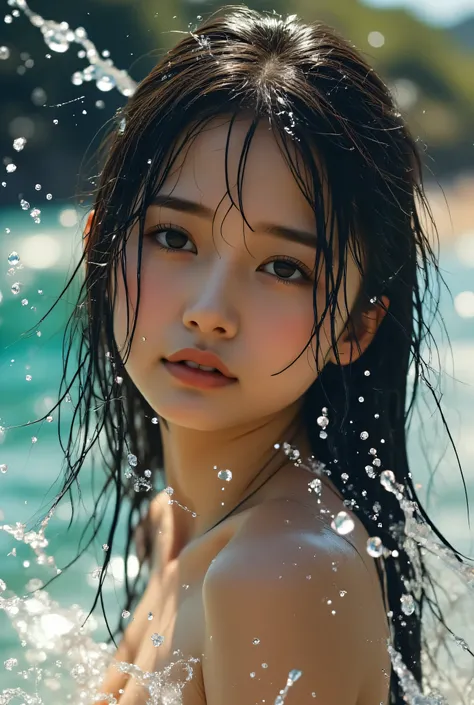 Realistic photorealistic illustrations (scene of beautiful photogenic Asian woman holding colorful water gun with playfulness: 3.6), long wet black hair, nsfw,navel,naked, standing pose with one hip playfully raised, (mischievous expression on face as she ...