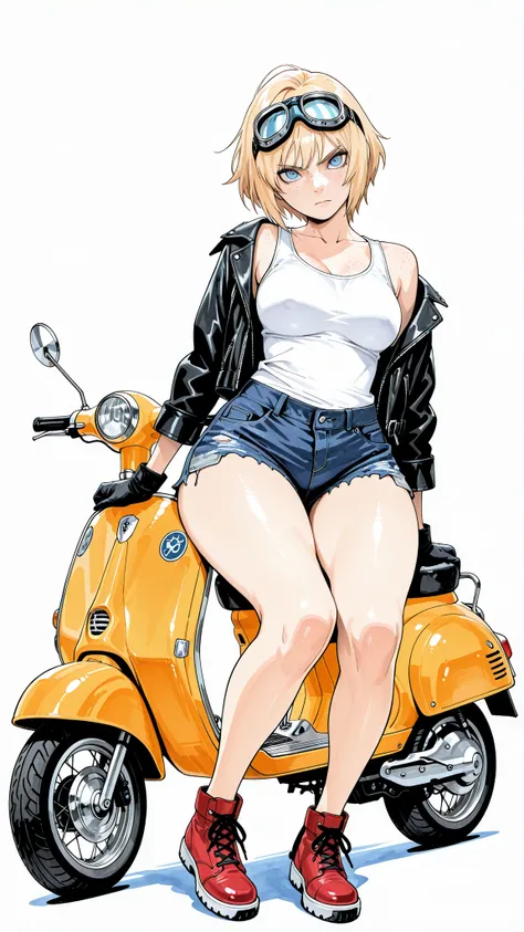 masterpiece, Highest Quality, great quality, Newest, very aesthetic, absurd, masterwork, 1 woman, solo, tilt your neck, freckles, watching viewers, serious, detailed eyes, Blue Eyes, blond hair, short hair, Goggles, buttocks under pants, leather jacket, Wh...