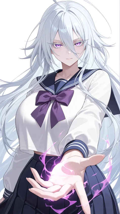 1girl, solo, anime girl, elegant, sovetsky_soyuz, masterpiece, very aesthetic, white hair, extremely long hair, very long hair between eyes, purple eyes, sharp eye outlines, white eyelashes, long eyelashes, big breasts, curvy body, sailor uniform, navy ple...