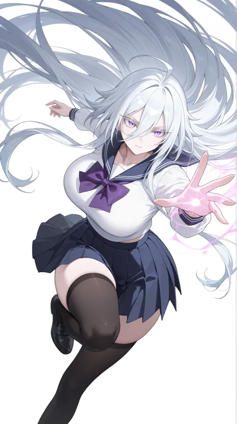 1girl, solo, anime girl, elegant, sovetsky_soyuz, masterpiece, very aesthetic, white hair, extremely long hair, very long hair between eyes, purple eyes, sharp eye outlines, white eyelashes, long eyelashes, big breasts, curvy body, sailor uniform, white to...