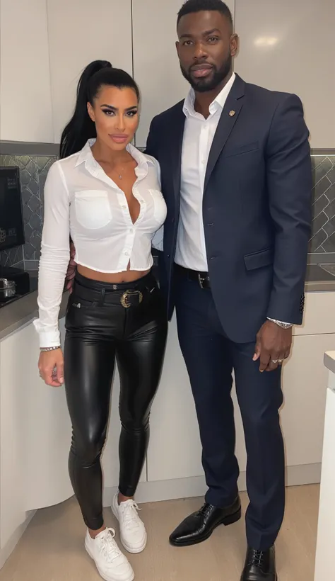 Kim Kardashian with long black hair as a ponytail , short white jeans shirt with collar and buttons , black belt , in very tight black leather pants and white sneakers , Kim is standing in a modern kitchen, Standing next to Kim is a tall muscular African m...
