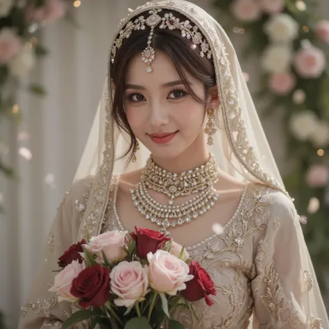 create a video The image beautifully captures a beautiful pakistani and turkeys bride adorned in traditional attire, radiating elegance and grace. She wears a richly embroidered beige and golden ensemble that glistens softly under the light. The intricate ...