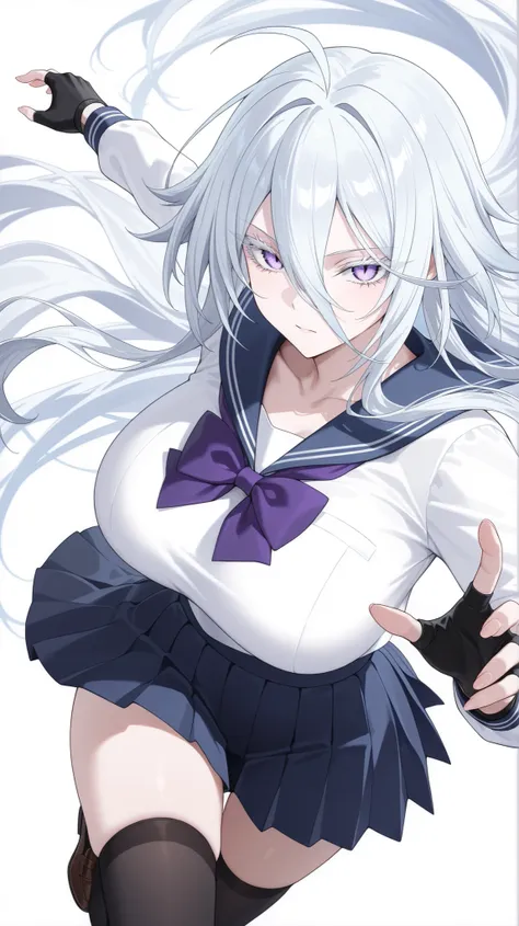 1girl, solo, anime girl, elegant, sovetsky_soyuz, masterpiece, very aesthetic, white hair, extremely long hair, very long hair between eyes, purple eyes, sharp eye outlines, white eyelashes, long eyelashes, big breasts, curvy body, sailor uniform, white to...