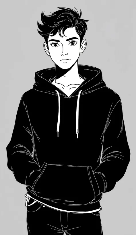 Create an image of a black and white cartoon style young human adult male in his 20s, indian, youtuber, fair skin, natural and confident posture, standing and looking directly at the camera, black&white, approachable expression, medium close-up shot (waist...