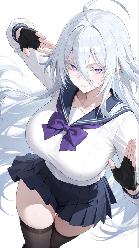 1girl, solo, anime girl, elegant, sovetsky_soyuz, masterpiece, very aesthetic, white hair, extremely long hair, very long hair between eyes, purple eyes, sharp eye outlines, white eyelashes, long eyelashes, big breasts, curvy body, sailor uniform, white to...