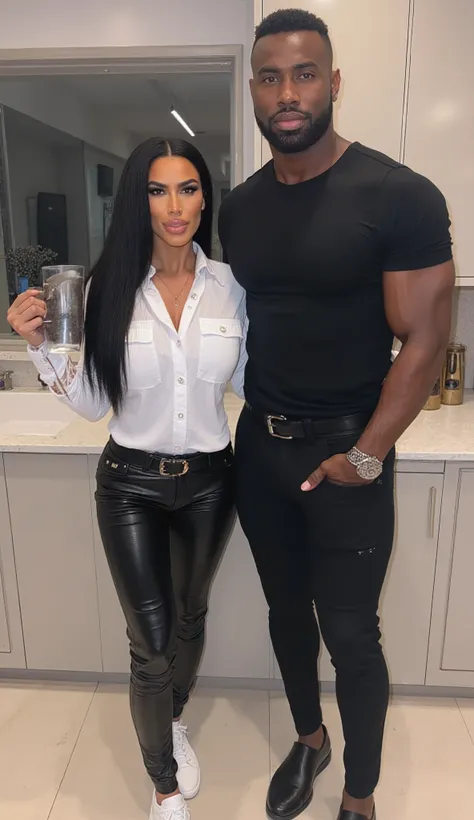 Kim Kardashian with long black hair , short white jeans shirt with collar and buttons ,  wide black belt,  ,in very tight black leather pants and white sneakers , Kim is standing in a modern kitchen, There is a tall muscular African man next to Kim  , Kim ...