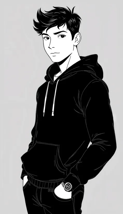 Create an image of a black and white cartoon style young human adult male in his 20s, indian, youtuber, fair skin, natural and confident posture, standing and looking directly at the camera, black&white, approachable expression, medium close-up shot (waist...
