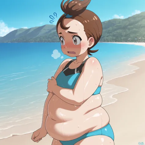 1girl, verity, very short hair, top knot, brown eyes,anime coloring,
bikini,cowboy shot, hand on own arm, wet,embarrassed, beach,outdoors,summer
,masterpiece,best quality,amazing quality,bulging belly, fat, chubby, obese, open mouth, out of breath, absurdr...