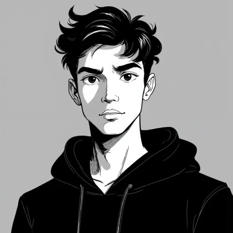 Create an image of a black and white cartoon style young human adult male in his 20s, indian, youtuber, fair skin, natural and confident posture, standing and looking directly at the camera, black&white, approachable expression, close-up headshot, professi...