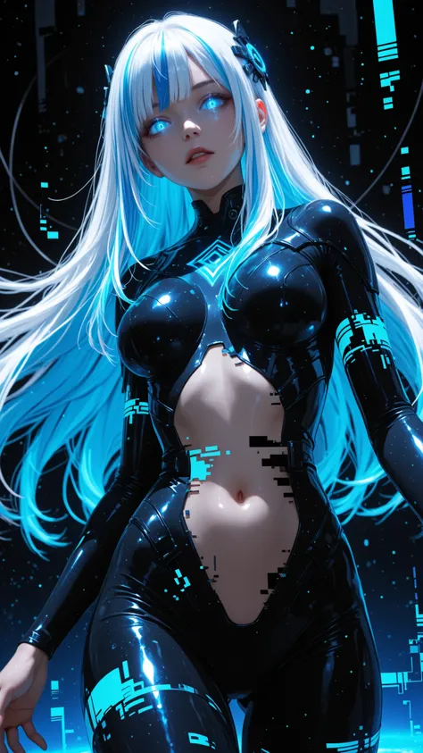 masterpiece, newest, negative space,absurdres, best quality,dynamic pose,  vibrant colors, 1girl, solo, breasts, multicolored hair, navel, looking at viewer, bodysuit, hair ornament, parted lips, long hair, streaked hair, blue hair, glowing, blue eyes, ban...