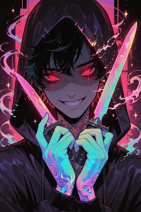 cElesTiana,neon dreamcore,iridescent glow,holographic,pastel void,luminescent skin,celestial tones,smooth reflective surface,glowing eyes,shimmercore,1boy, male focus, black hair, red eyes, ornate knife,grin, yandere expression, black gothic hoodie, dark u...