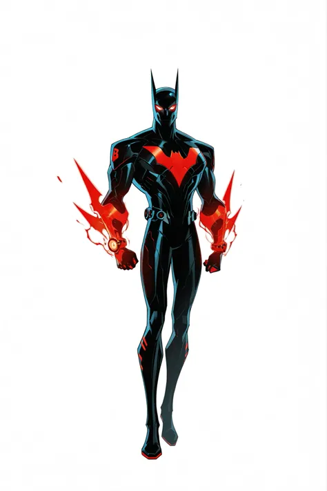 Batman beyond nanotech armour, red glowing reactor bat emblem on the chest, red glowing eyes, highly advanced armour, intricate design, sleek athletic body, 2.5D cartoon style, 8K ultra HD, high quality, front view, bold black outlines, white background 
