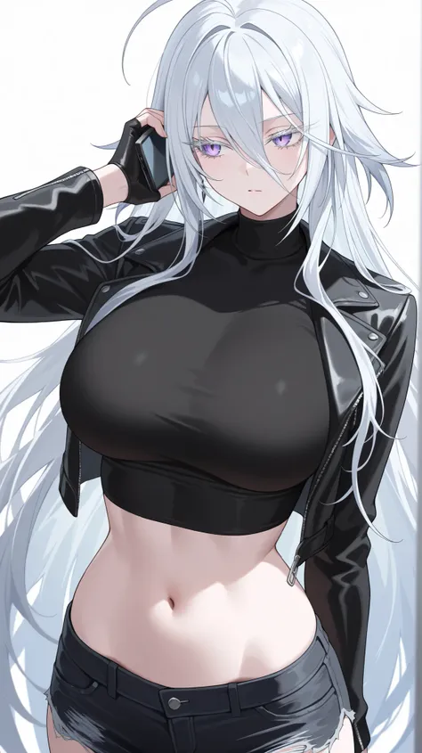 1girl, solo, anime girl, elegant, sovetsky_soyuz, masterpiece, very aesthetic, white hair, extremely long hair, very long hair between eyes, purple eyes, sharp eye outlines, white eyelashes, long eyelashes, looking away, big breasts, slim body, black leath...