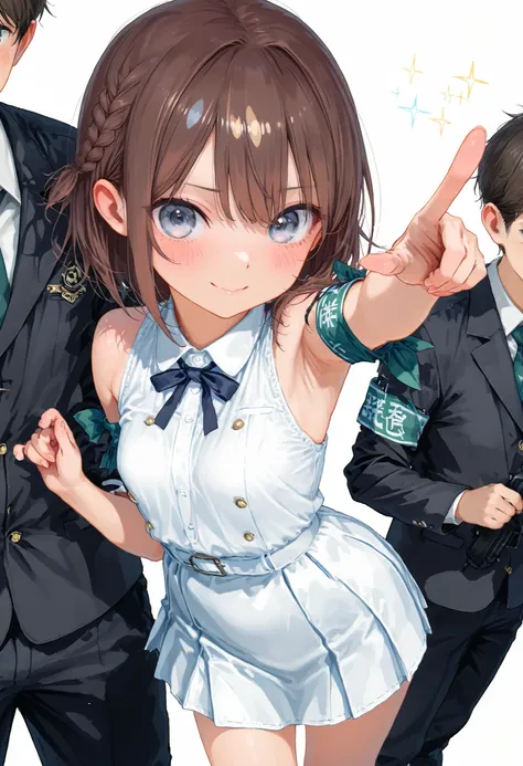 Little Girl with High Pressure Discipline Chairman，((from above:1.2)),(((Chairman of the Discipline Committee's armband)))，cowboy shot on exposed armpits，About 150 centimeters,charismatic presence, Tall Boys Surrounding Her Surrounding Her Surrounding Area...