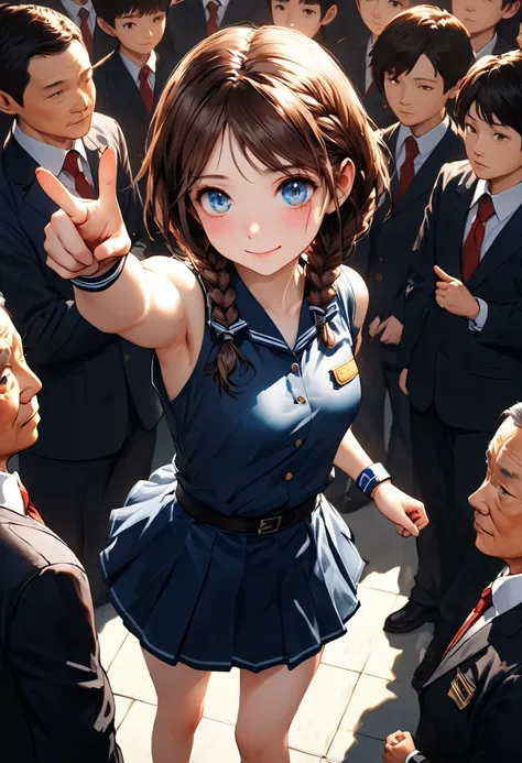 Little Girl with High Pressure Discipline Chairman，((from above:1.2)),(((Chairman of the Discipline Committee's armband)))，cowboy shot on exposed armpits，About 150 centimeters,charismatic presence, Tall male high school students surround the surroundings,P...