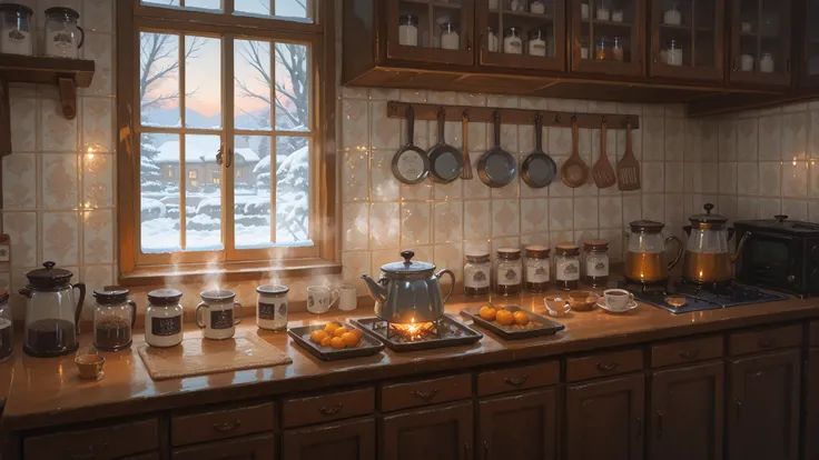 A girl in the kitchen, smiling slightly, she boils water in a kettle for coffee, winter, morning time, lived-in kitchen, mugs and jars of instant coffee on a small table, cupboard, small jars of spices on a shelf, steam rising from the kettle, window early...