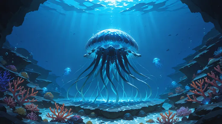 top quality, super definition, photographic realism, deep blue and black gradients, jet black abyss, blue light of luminescent organisms, huge water pressure, Deep sea vortex, undulating ocean currents, floating deep-sea jellyfish, luminescent plankton, de...