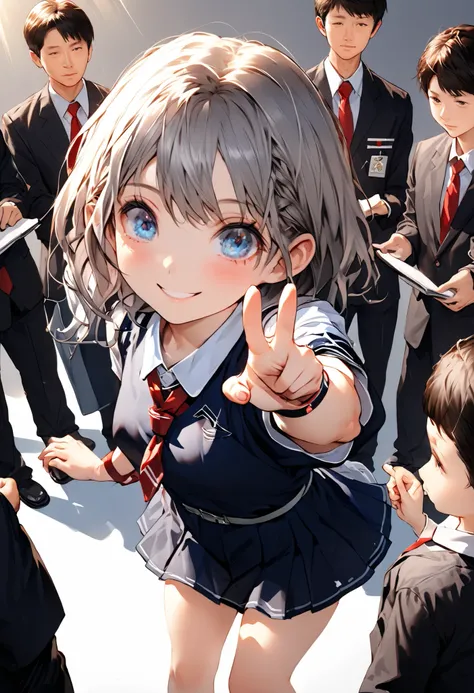 Little Girl with High Pressure Discipline Chairman，((from above:1.2)),(((Chairman of the Discipline Committee's armband)))，cowboy shot on exposed armpits，About 150 centimeters,charismatic presence,Young face，High School， 周囲を高身長男子High School生が取り囲む,Pointing ...