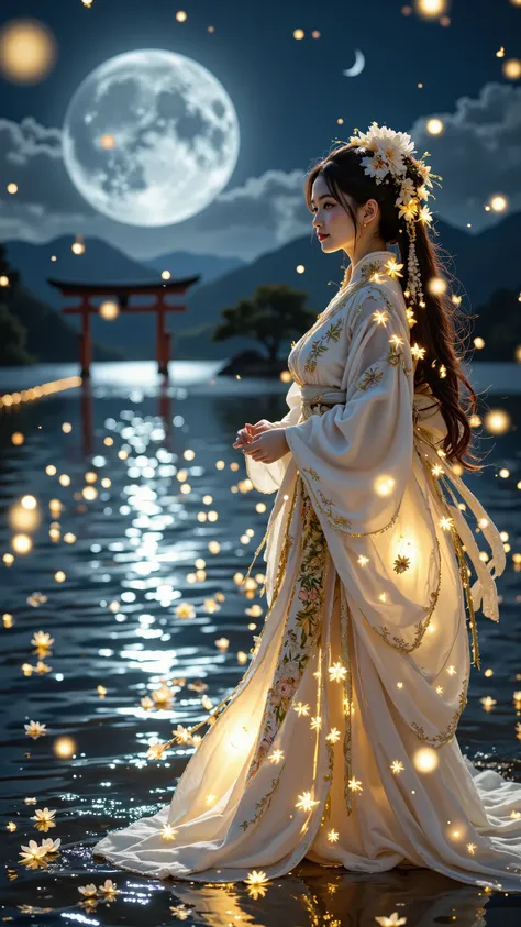 moonlit lakeside, the moon's reflection forms a luminous moonroad stretching on the left across the water, guiding the eye to a distant torii and moon; on the right-bottom, a floating elf maiden performs a sacred kagura above the lake, composition arranged...