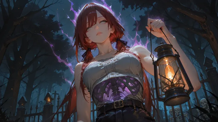 close up, solo, 1girl, messy hair, dark red hair, white hair, long hair, low twin tails, swept bangs, gray eyes,,looking away, lifeless eyes, shadows over eyes, action pose, forest,, thick trees, dynamic angle, long swept bangs,  strapless sleeveless shirt...