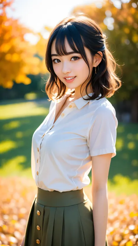 Beautiful Japanese girl, relaxed mood, natural fleshy body, orange color button shirts, olive color midi skirt, no makeup, natural hairstyles, thick eyebrows, sweet smile, refreshing in autumn sunshine, feeling soft breeze in hair, professional pin-up port...