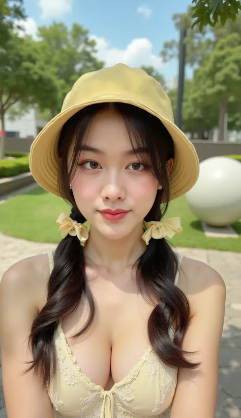 Potrait of A beautiful woman outdoors on a bright, sunny day, posing with an adorable and slightly pouty expression. She has long, wavy dark brown hair styled in two low pigtails tied with matching pastel yellow ribbons. She wears a light yellow bucket hat...
