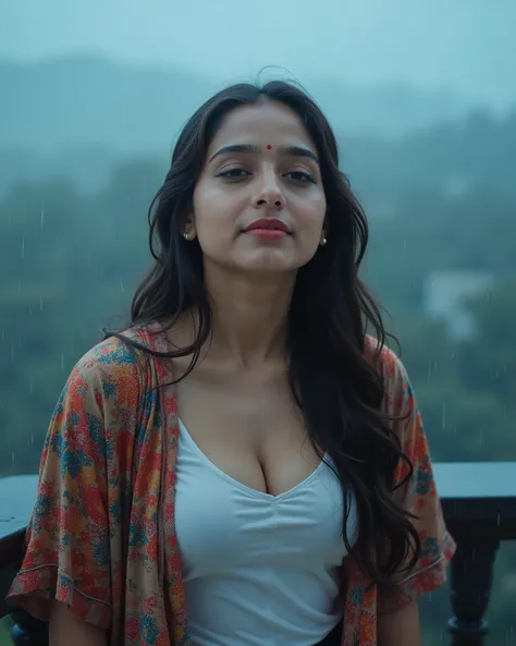 anaswarasdxl, Full body image of a 20 year old Indian girl with fair skin tone, silver eyeshadow, natural blush, and red lipstick. Her hairs are long, brown, wavy and wet from the rain. She is wearing a white transparent t-shirt with a colorful patterned h...