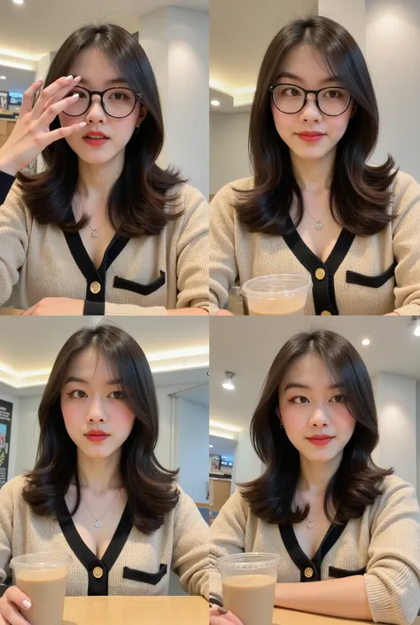 A beautiful young woman sitting indoors at a modern café, captured in a four-photo collage showing different cute and thoughtful expressions. She has long, slightly wavy dark brown hair, styled neatly with a side part. She wears black-rimmed glasses in som...