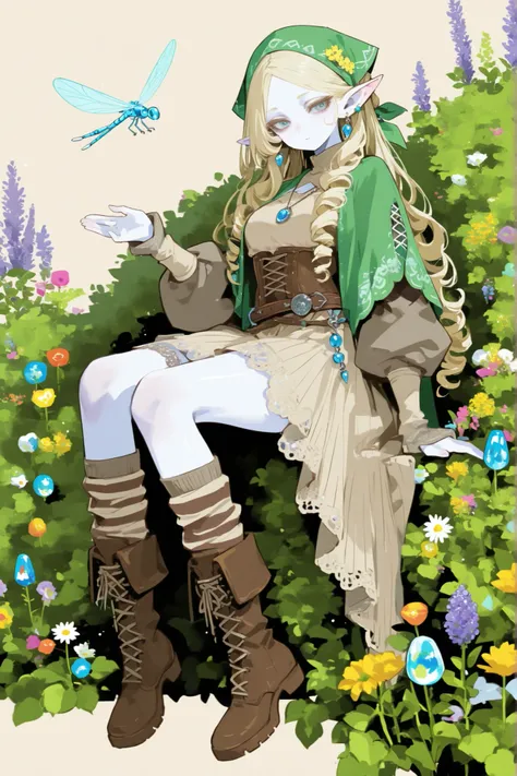 (0__11Xx_illu,duobaan,) Tooth faèrie princess. She has tall, thin miniature physique. She has holographic dragonfly wings. She has pale ivory skin and long pointy elf ears. Her eyes are sky-blue. She has long golden-blonde ringlet loose hairstyle decorated...