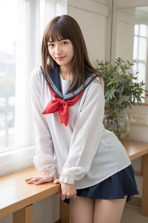 sailor suit、hide thighs with a skirt 、((((( girls:2.86))))),( masterpiece, Highest Quality :1.9),8k, Original photo ,nsfw, detailed skin,detailed pores,baby-like face,(((Young face):1.7)),(( Young Body):1.6), reality, hotel room 、( lean forward :1...