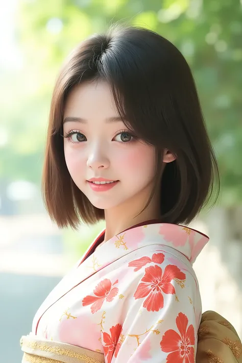 1girl,japanese clothes,kimono,solo,brown hair,looking at viewer,blurry,outdoors,yukata,smile,open mouth,obi,sash,floral print,short hair,blurry background,day,tree,realistic,bangs,
best quality,masterpiece,illustration,an extremely delicate and beautiful,C...