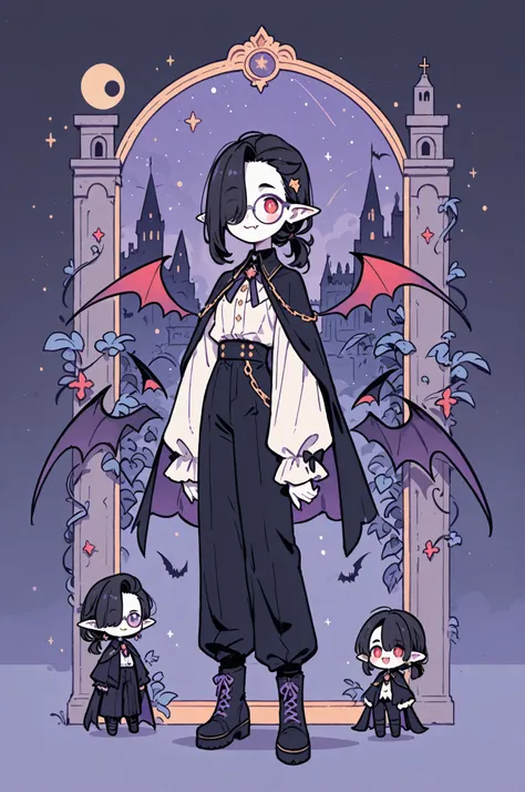 (novuschroma15 style,)(Chibi) Young vampire gentleman. He has white skin, an athletic, masculine build, and pointed ears. He has toothy smile (vampire fangs).  He has red eyes. (He has pitch-black shoulder-length hairstyle , his black hair was pulled back ...