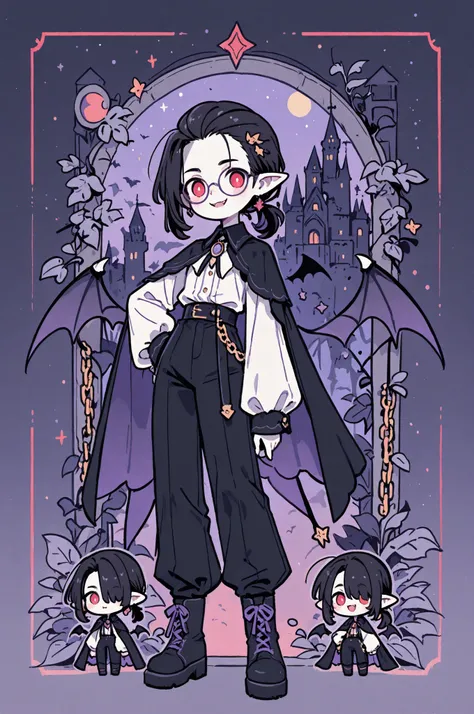 (novuschroma15 style,)(Chibi) Young vampire gentleman. He has white skin, an athletic, masculine build, and pointed ears. He has toothy smile (vampire fangs).  He has red eyes. (He has pitch-black shoulder-length hairstyle , his black hair was pulled back ...