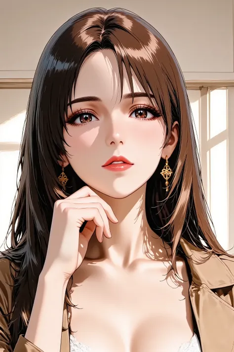 Anime style illustration, best quality, ultra detailed, sharp focus, high contrast, clean lines, Eye-level shot, thigh-up portrait, slightly angled view, A cool woman, intense gaze, strong contouring makeup, defined eyebrows, bold red lipstick, perfect 5-f...