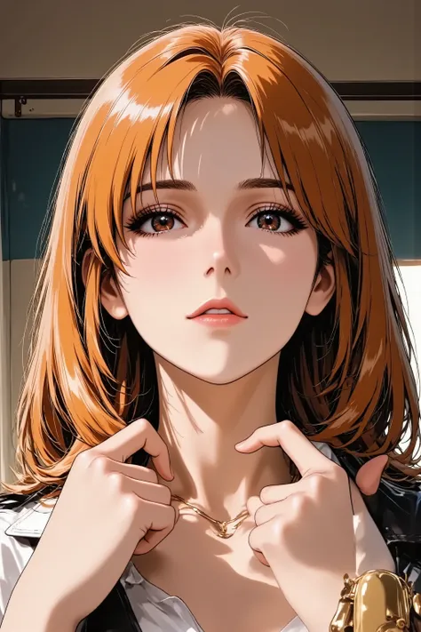 Anime style illustration, best quality, ultra detailed, sharp focus, high contrast, clean lines, Eye-level shot, thigh-up portrait, slightly angled view, A cool woman, intense gaze, strong contouring makeup, defined eyebrows, bold red lipstick, perfect 5-f...