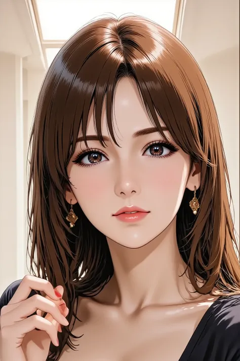 Anime style illustration, best quality, ultra detailed, sharp focus, high contrast, clean lines, Eye-level shot, thigh-up portrait, slightly angled view, A cool woman, intense gaze, strong contouring makeup, defined eyebrows, bold red lipstick, perfect 5-f...