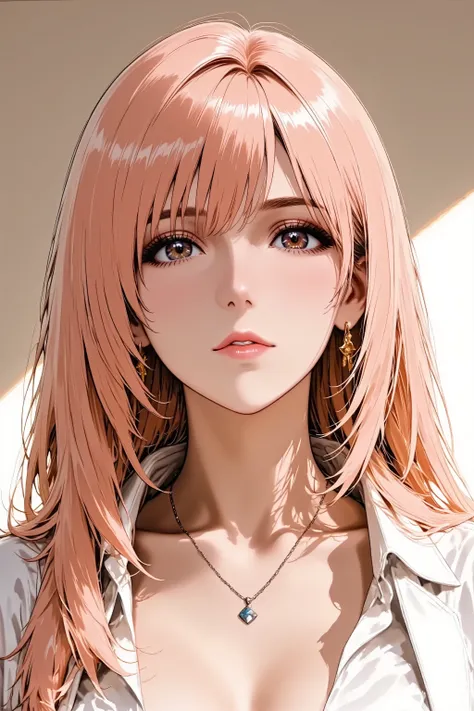 Anime style illustration, best quality, ultra detailed, sharp focus, high contrast, clean lines, Eye-level shot, thigh-up portrait, slightly angled view, A cool woman, intense gaze, strong contouring makeup, defined eyebrows, bold red lipstick, perfect 5-f...